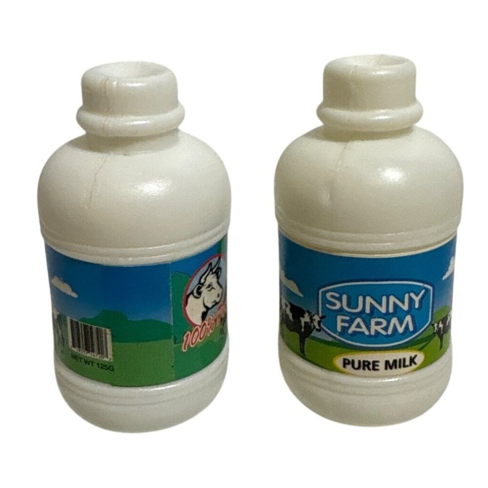 Sunny Farm Miniature Milk Bottle Plastic Figurines Set Of 2 White & Blue 1.75"